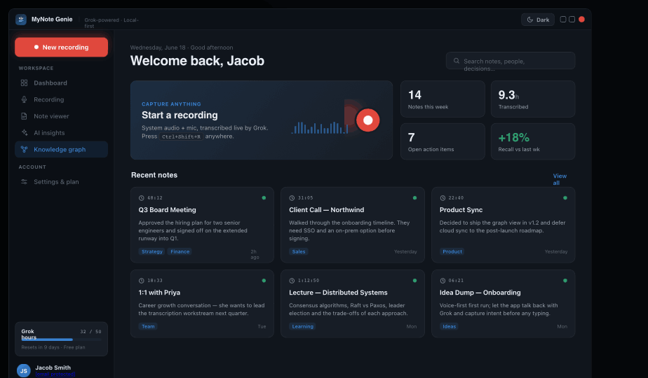 MyNote Genie dashboard showing recent notes, stats, and quick record