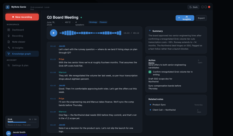 Note viewer with transcript, AI summary and action items