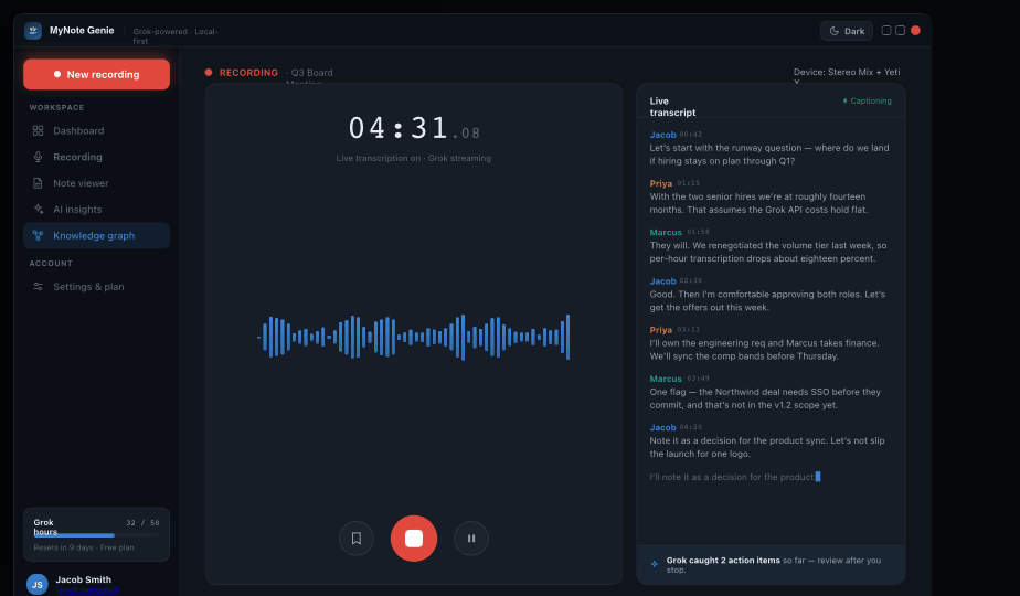 Recording screen with live waveform and streaming transcript